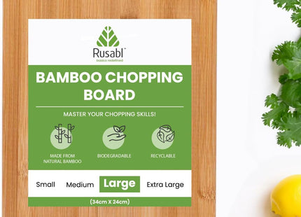 Rusabl Bamboo Chopping Board with Metal Handle, Large 34x24cm - SABER Center