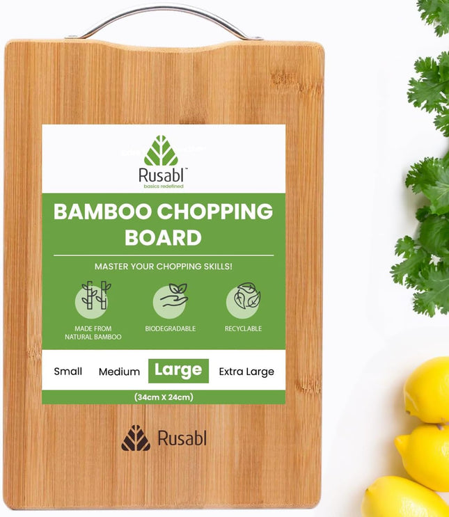 Rusabl Bamboo Chopping Board with Metal Handle, Large 34x24cm - SABER Center