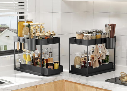 Mylindde 2-Tier Under-Sink Sliding Cabinet Organizer with Hooks, Black - SABER Center
