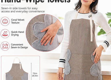 Striped Kitchen Apron, Waterproof, Front Pocket & Side Towels, 70x72cm - SABER Center