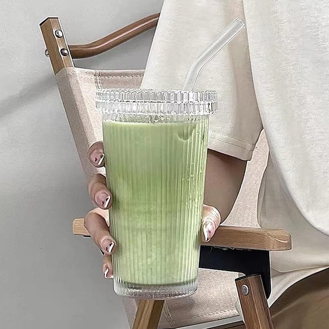 YAHUIPEIUS Striped Glass Tumbler with Lid & Straw - SABER Center