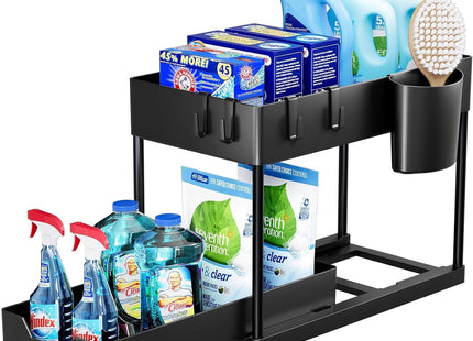 Mylindde 2-Tier Under-Sink Sliding Cabinet Organizer with Hooks, Black - SABER Center