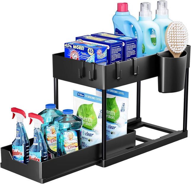Mylindde 2-Tier Under-Sink Sliding Cabinet Organizer with Hooks, Black - SABER Center