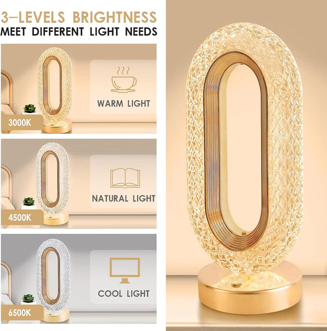 USB Crystal Table Lamp, Touch Control, 3 Brightness Levels, Gold - SABER Center