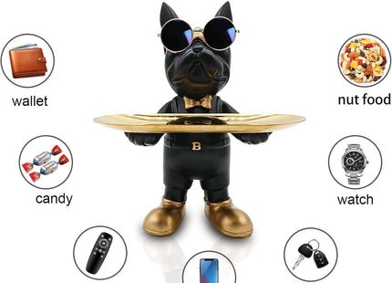 Huhote Bulldog Tray Statue with Candy Dish & Key Holder, Resin, Black - SABER Center