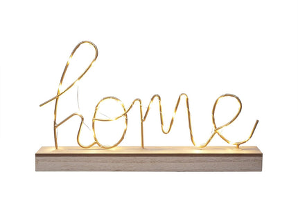 'Home' LED Word Sign, Wood Base & Gold Letters, Battery Operated - SABER Center