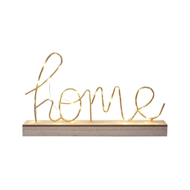 'Home' LED Word Sign, Wood Base & Gold Letters, Battery Operated - SABER Center