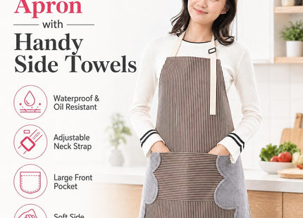Striped Kitchen Apron, Waterproof, Front Pocket & Side Towels, 70x72cm - SABER Center
