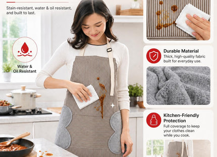 Striped Kitchen Apron, Waterproof, Front Pocket & Side Towels, 70x72cm - SABER Center