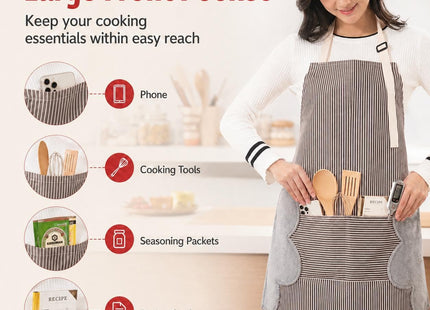 Striped Kitchen Apron, Waterproof, Front Pocket & Side Towels, 70x72cm - SABER Center