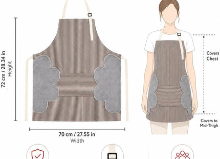Striped Kitchen Apron, Waterproof, Front Pocket & Side Towels, 70x72cm - SABER Center