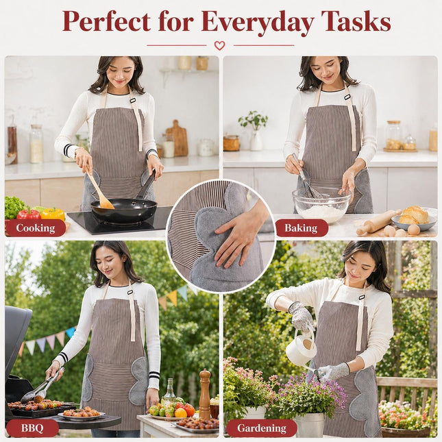 Striped Kitchen Apron, Waterproof, Front Pocket & Side Towels, 70x72cm - SABER Center