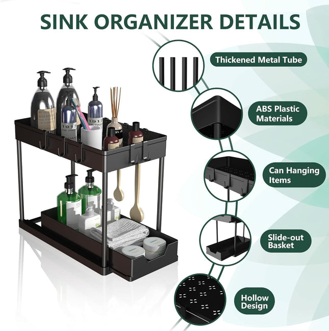 ZeJlo Under-Sink Sliding Drawer Organizer, 2-Pack with Hooks - SABER Center