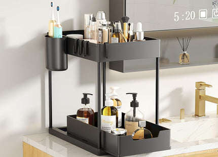 Mylindde 2-Tier Under-Sink Sliding Cabinet Organizer with Hooks, Black - SABER Center