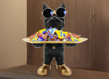 Huhote Bulldog Tray Statue with Candy Dish & Key Holder, Resin, Black - SABER Center