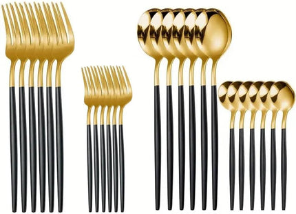 24-Piece Stainless Steel Cutlery Set, Black & Gold - SABER Center