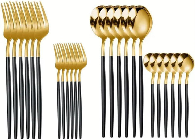 24-Piece Stainless Steel Cutlery Set, Black & Gold - SABER Center