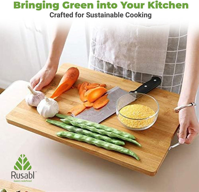 Rusabl Bamboo Chopping Board with Metal Handle, Large 34x24cm - SABER Center