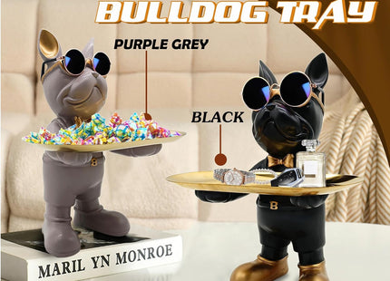 Huhote Bulldog Tray Statue with Candy Dish & Key Holder, Resin, Black - SABER Center