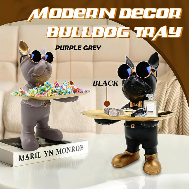 Huhote Bulldog Tray Statue with Candy Dish & Key Holder, Resin, Black - SABER Center