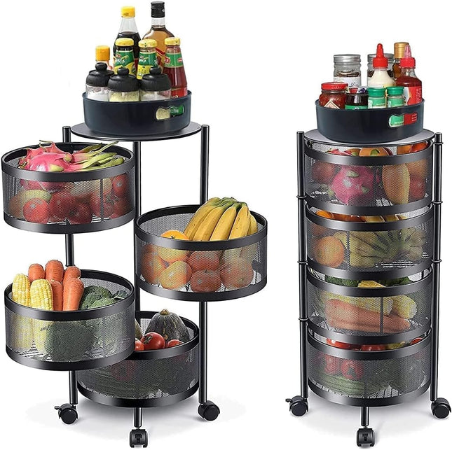 4-Tier Rotating Fruit & Vegetable Kitchen Organizer with Wheels, Black - SABER Center