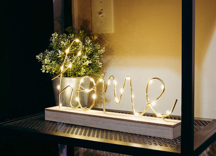 'Home' LED Word Sign, Wood Base & Gold Letters, Battery Operated - SABER Center