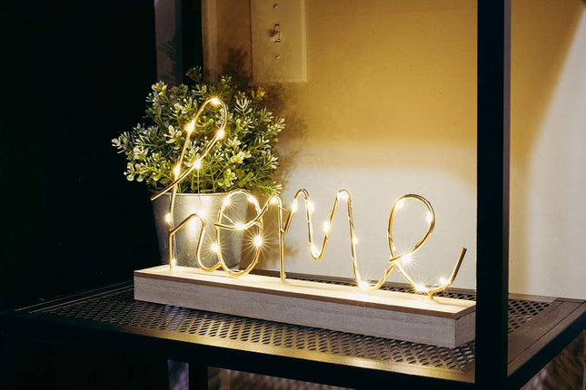 'Home' LED Word Sign, Wood Base & Gold Letters, Battery Operated - SABER Center