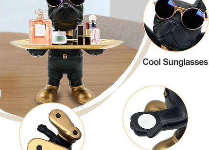 Huhote Bulldog Tray Statue with Candy Dish & Key Holder, Resin, Black - SABER Center