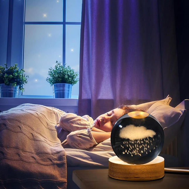Desidiya 3D Cloud & Rain Crystal Ball Night Lamp, Wooden Base, Warm White - SABER Center