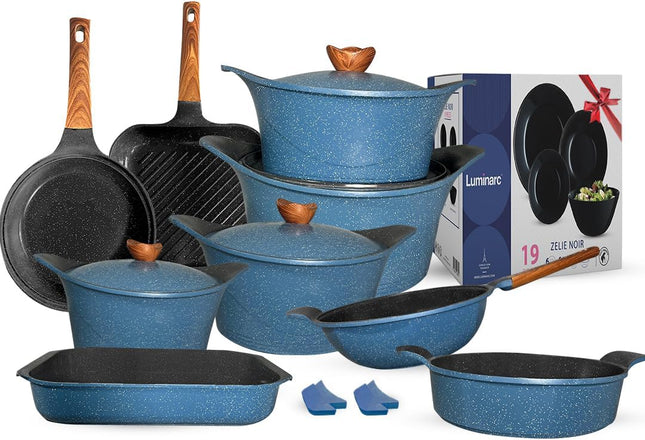 Glory 36-Piece Granite Cookware Set with Luminarc Gift, Petrol Blue - SABER Center