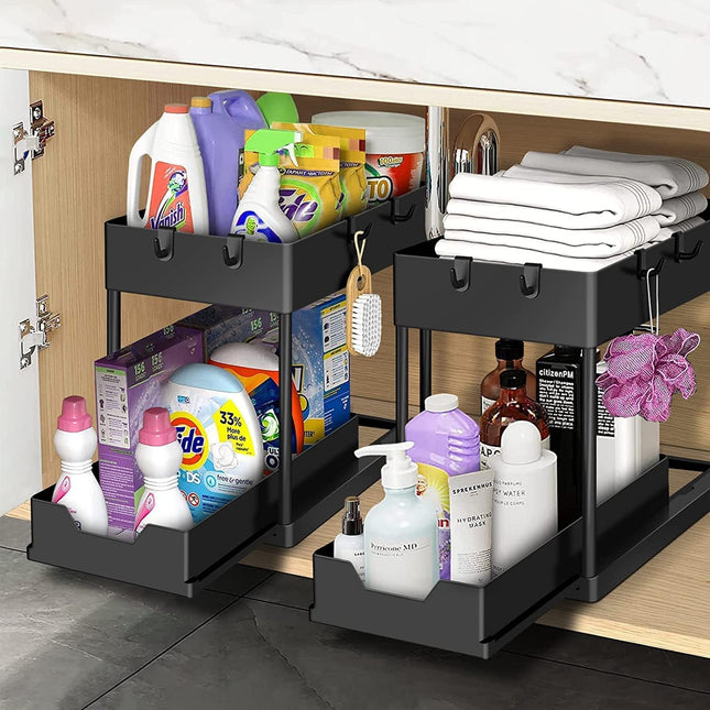 ZeJlo Under-Sink Sliding Drawer Organizer, 2-Pack with Hooks - SABER Center