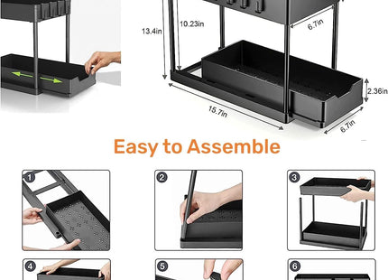 Mylindde 2-Tier Under-Sink Sliding Cabinet Organizer with Hooks, Black - SABER Center