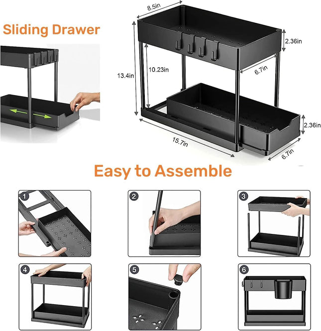 Mylindde 2-Tier Under-Sink Sliding Cabinet Organizer with Hooks, Black - SABER Center