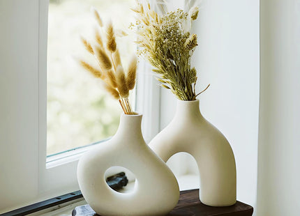 Matte White Ceramic Donut Vase Set of 2, Minimalist Decor - SABER Center