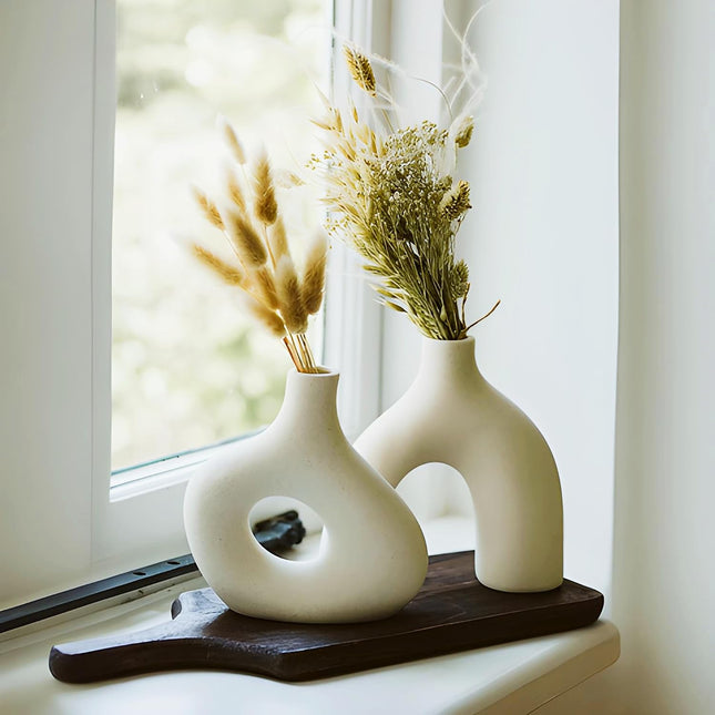 Matte White Ceramic Donut Vase Set of 2, Minimalist Decor - SABER Center