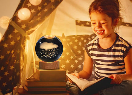 Desidiya 3D Cloud & Rain Crystal Ball Night Lamp, Wooden Base, Warm White - SABER Center