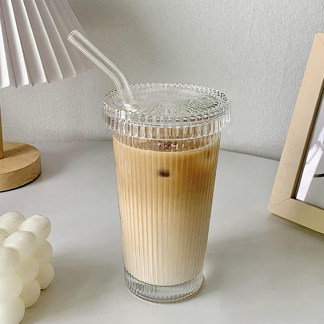 YAHUIPEIUS Striped Glass Tumbler with Lid & Straw - SABER Center