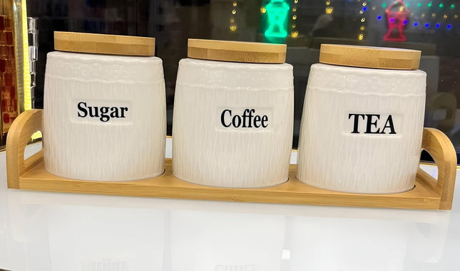 Porcelain 3-Piece Spice Jar Set with Wooden Lids, Airtight - SABER Center