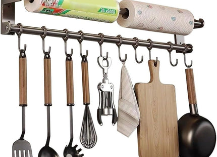Stainless Steel Wall-Mounted Kitchen Organizer with Hooks, Silver - SABER Center
