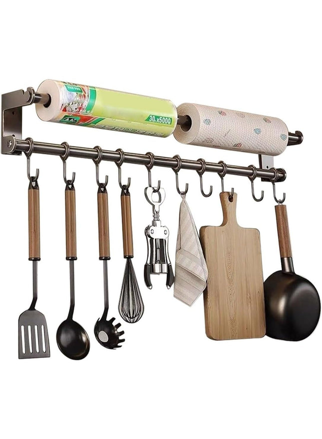 Stainless Steel Wall-Mounted Kitchen Organizer with Hooks, Silver - SABER Center