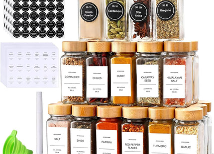 DIMBRAH Glass Spice Jars with Bamboo Lids & Labels, 24-Piece Set - SABER Center