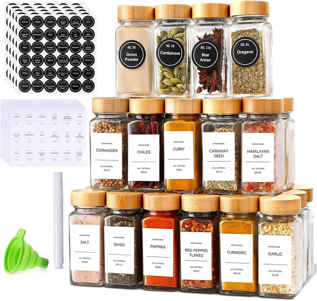 DIMBRAH Glass Spice Jars with Bamboo Lids & Labels, 24-Piece Set - SABER Center