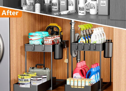Mylindde 2-Tier Under-Sink Sliding Cabinet Organizer with Hooks, Black - SABER Center