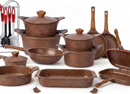 Glory Premium Non-Stick Granite Cookware Set, 27 Pieces, Brown - SABER Center