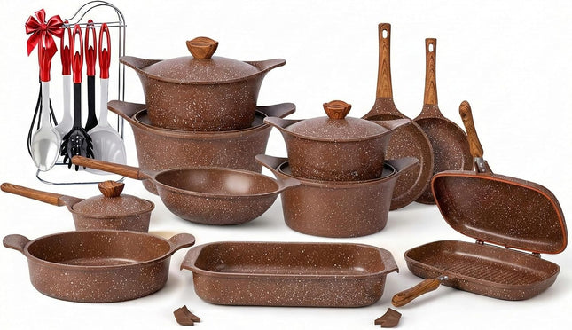 Glory Premium Non-Stick Granite Cookware Set, 27 Pieces, Brown - SABER Center