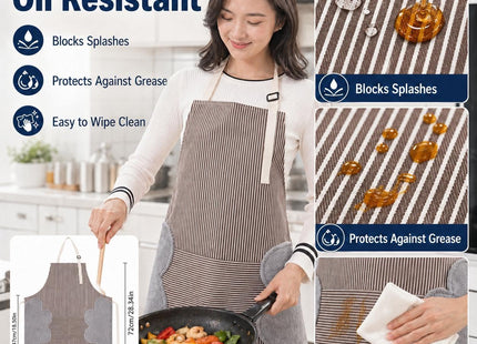Striped Kitchen Apron, Waterproof, Front Pocket & Side Towels, 70x72cm - SABER Center