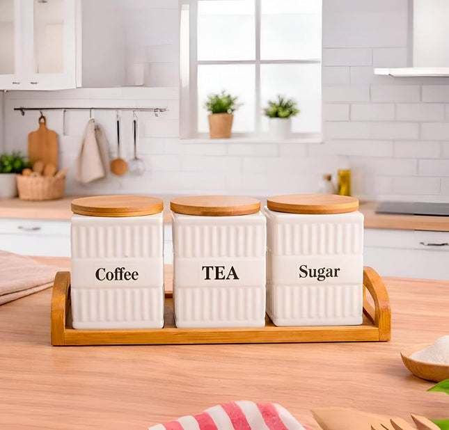 Porcelain 3-Piece Spice Jar Set with Wooden Lids, Airtight - SABER Center