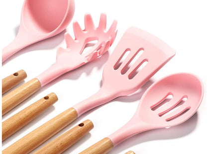 12-Piece Silicone Cooking Utensil Set with Wooden Handles & Holder, Rose - SABER Center