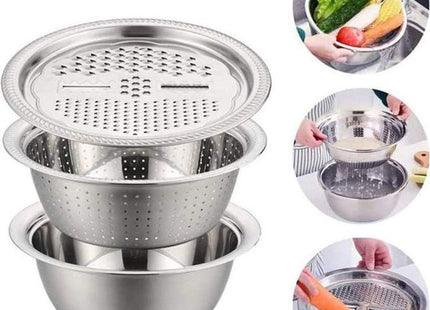 Stainless Steel Colander & Bowl Set, 3-Piece with Grater, Silver - SABER Center