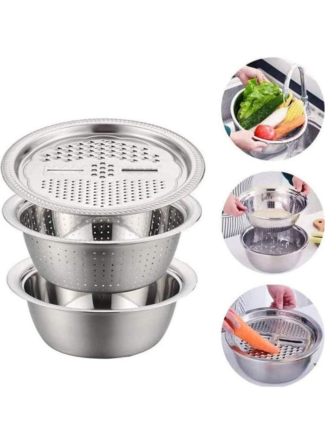 Stainless Steel Colander & Bowl Set, 3-Piece with Grater, Silver - SABER Center